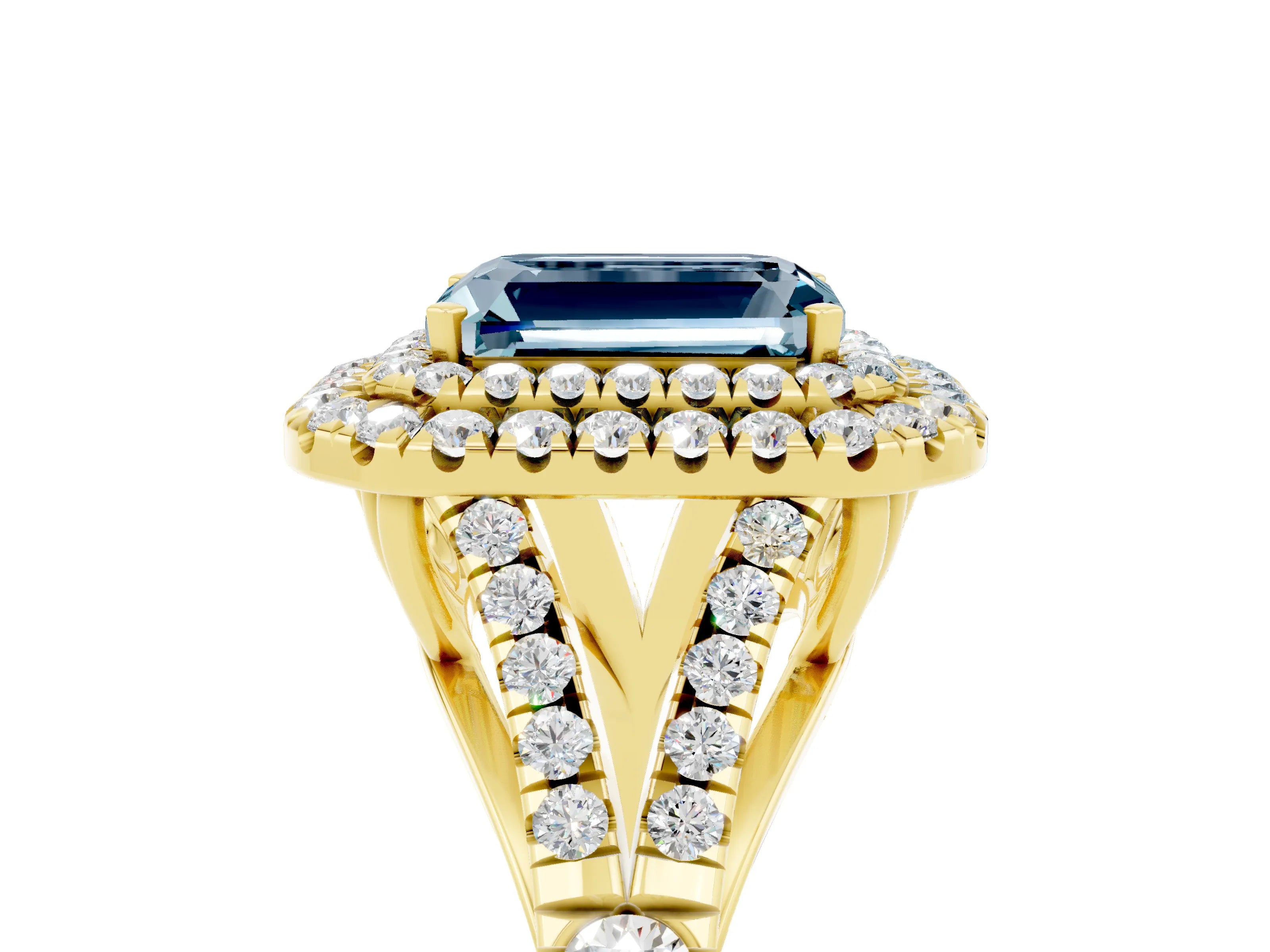 Yellow gold Emerald Cut Aquamarine Double Halo Ring with Split Shank and Prong Setting_17