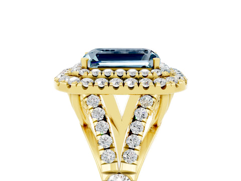 Yellow gold Emerald Cut Aquamarine Double Halo Ring with Split Shank and Prong Setting_17