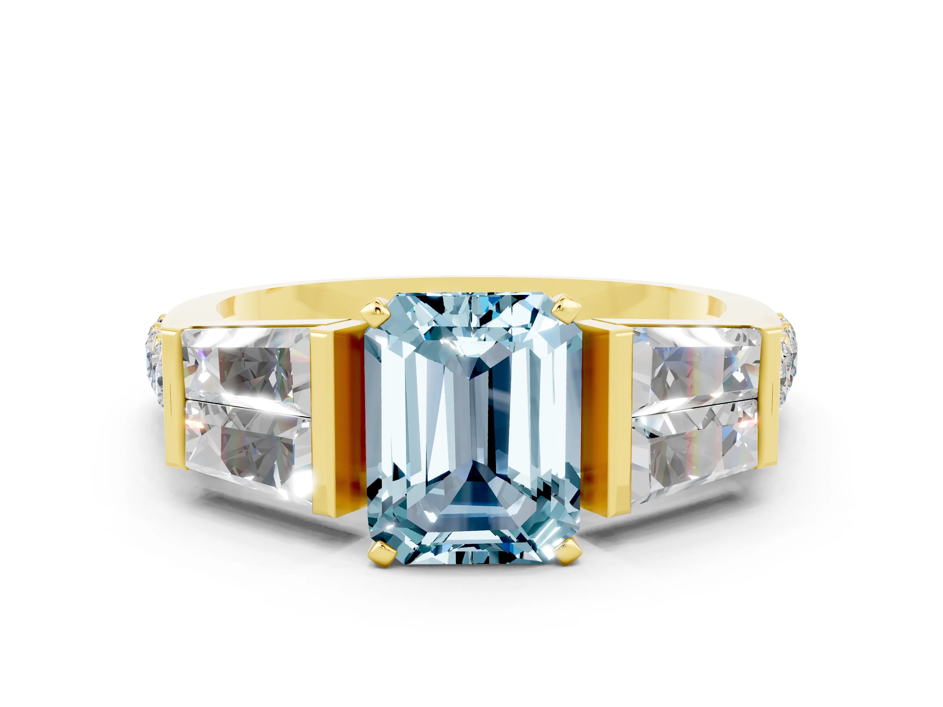 Yellow gold Emerald Cut Aquamarine Engagement Ring with Baguette Side Stones and Channel Set Band