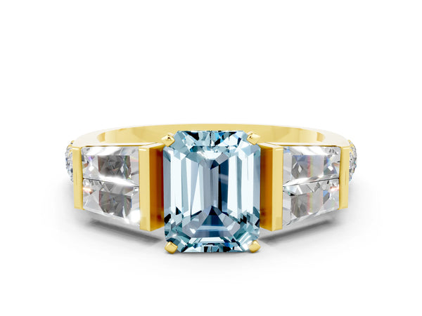 Yellow gold Emerald Cut Aquamarine Engagement Ring with Baguette Side Stones and Channel Set Band