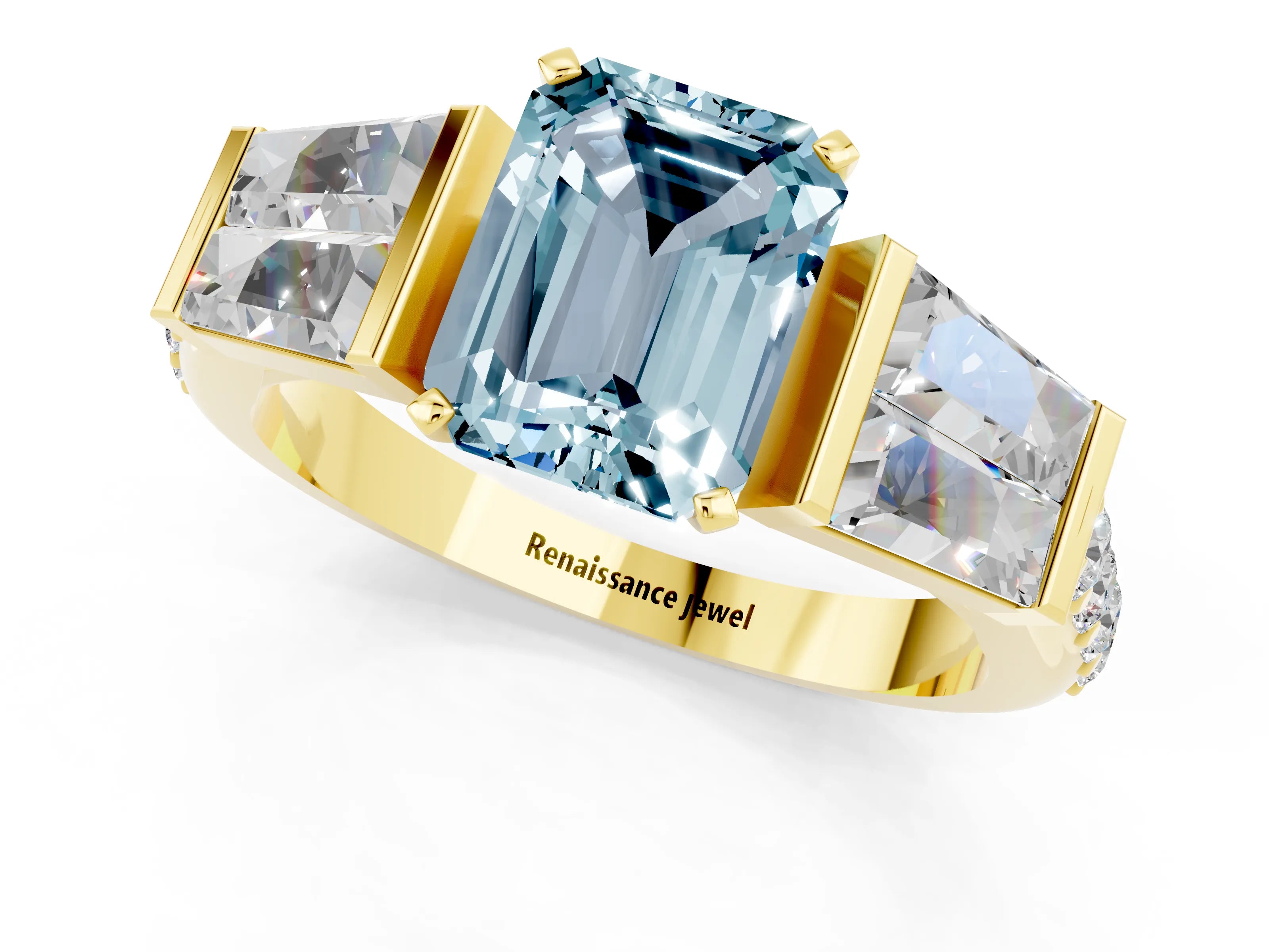 Yellow gold Emerald Cut Aquamarine Engagement Ring with Baguette Side Stones and Channel Set Band_1