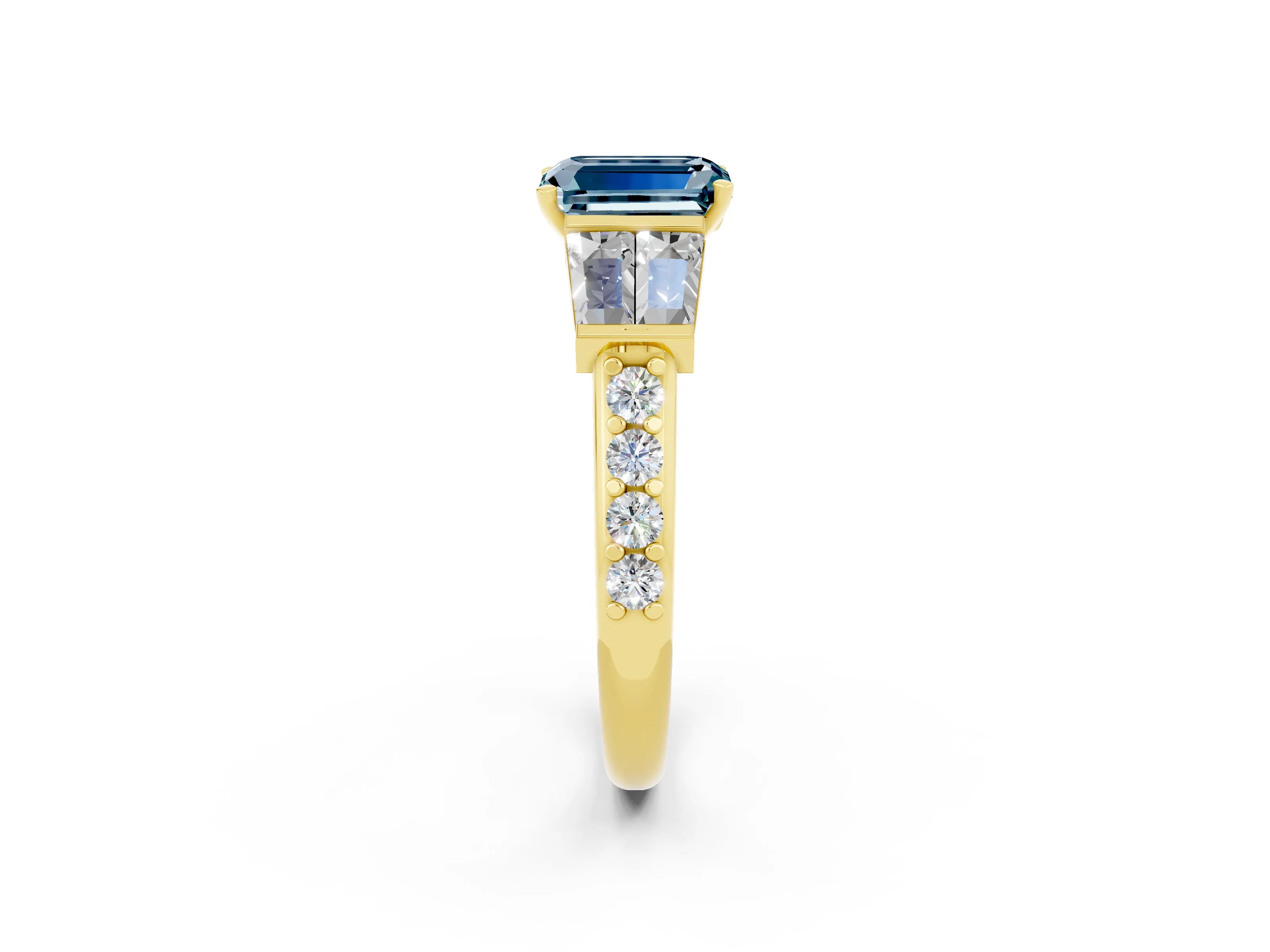 Yellow gold Emerald Cut Aquamarine Engagement Ring with Baguette Side Stones and Channel Set Band_2