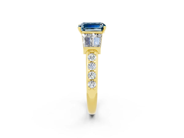 Yellow gold Emerald Cut Aquamarine Engagement Ring with Baguette Side Stones and Channel Set Band