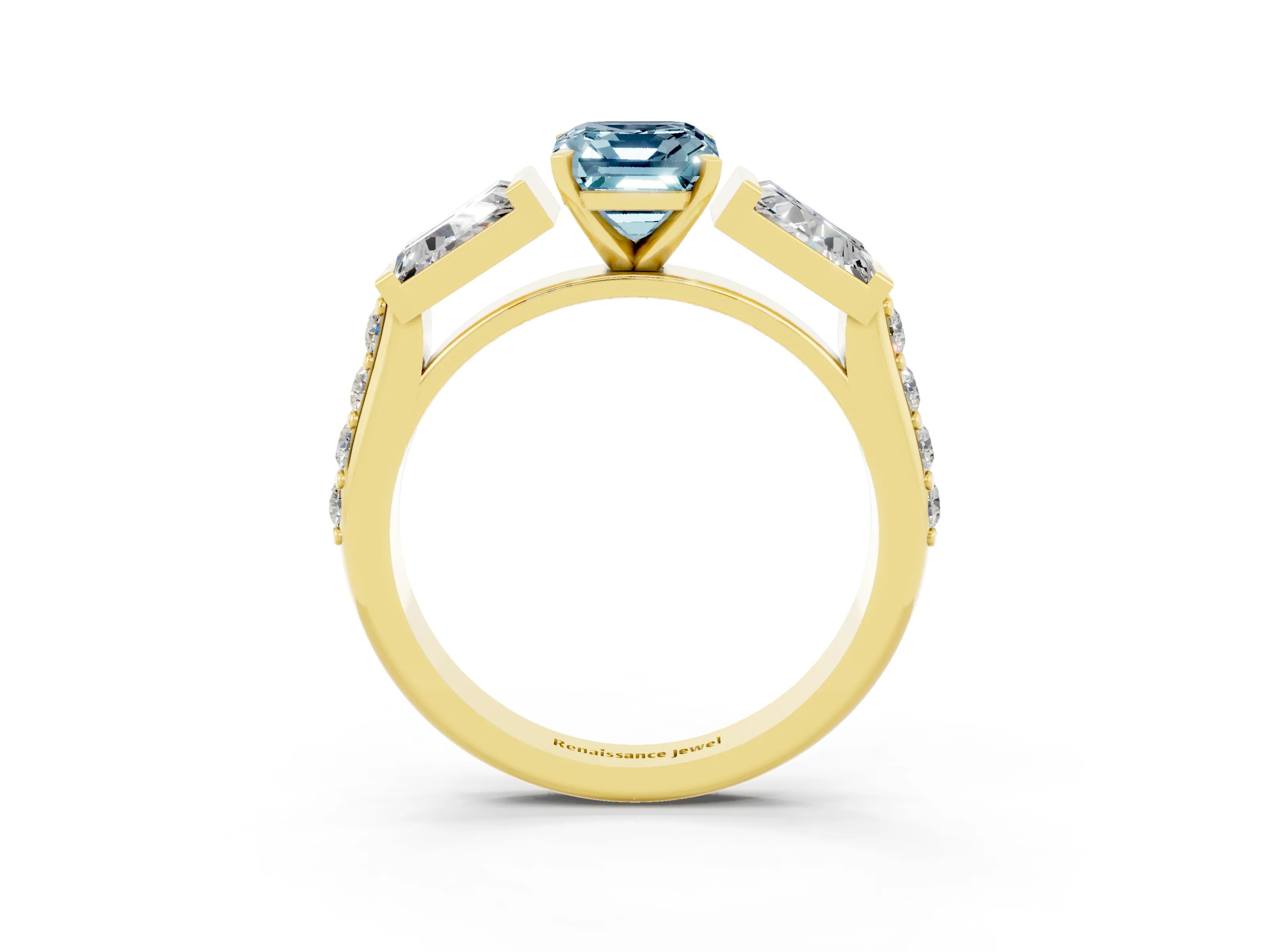 Yellow gold Emerald Cut Aquamarine Engagement Ring with Baguette Side Stones and Channel Set Band_3
