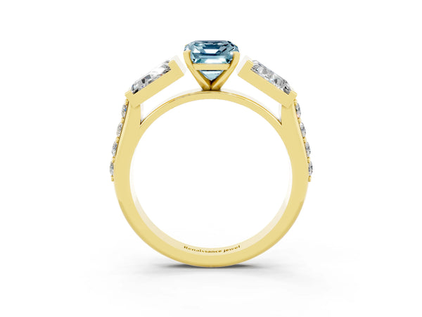 Yellow gold Emerald Cut Aquamarine Engagement Ring with Baguette Side Stones and Channel Set Band
