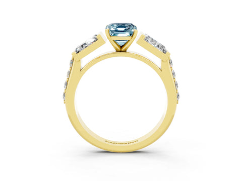 Yellow gold Emerald Cut Aquamarine Engagement Ring with Baguette Side Stones and Channel Set Band_3