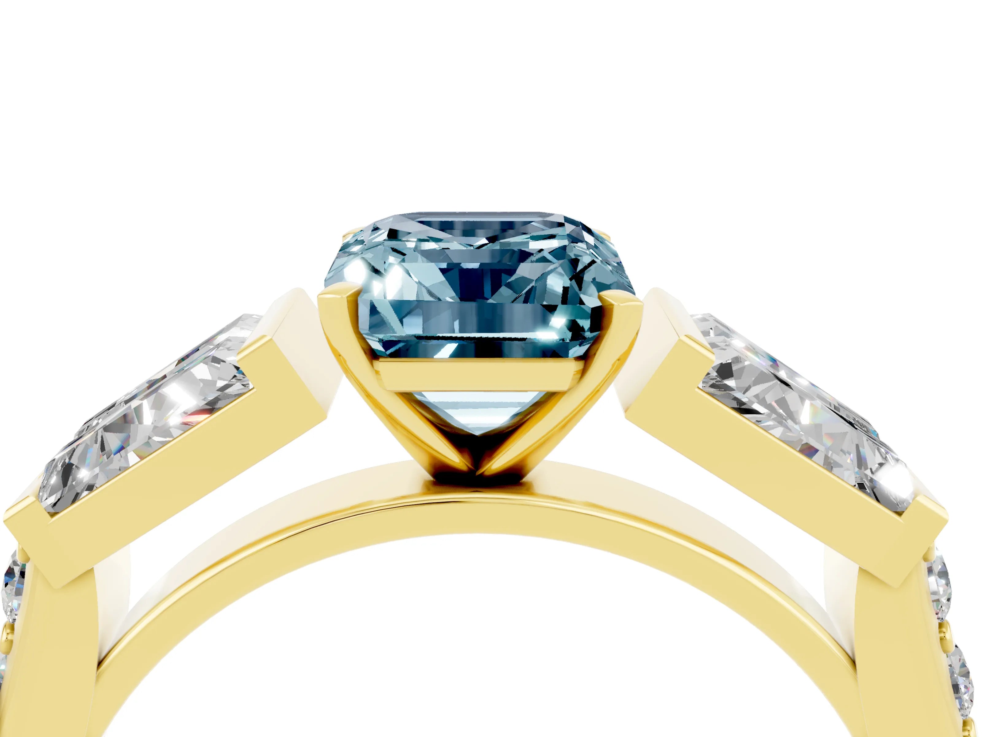 Yellow gold Emerald Cut Aquamarine Engagement Ring with Baguette Side Stones and Channel Set Band_4