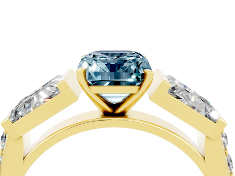 Yellow gold Emerald Cut Aquamarine Engagement Ring with Baguette Side Stones and Channel Set Band_4