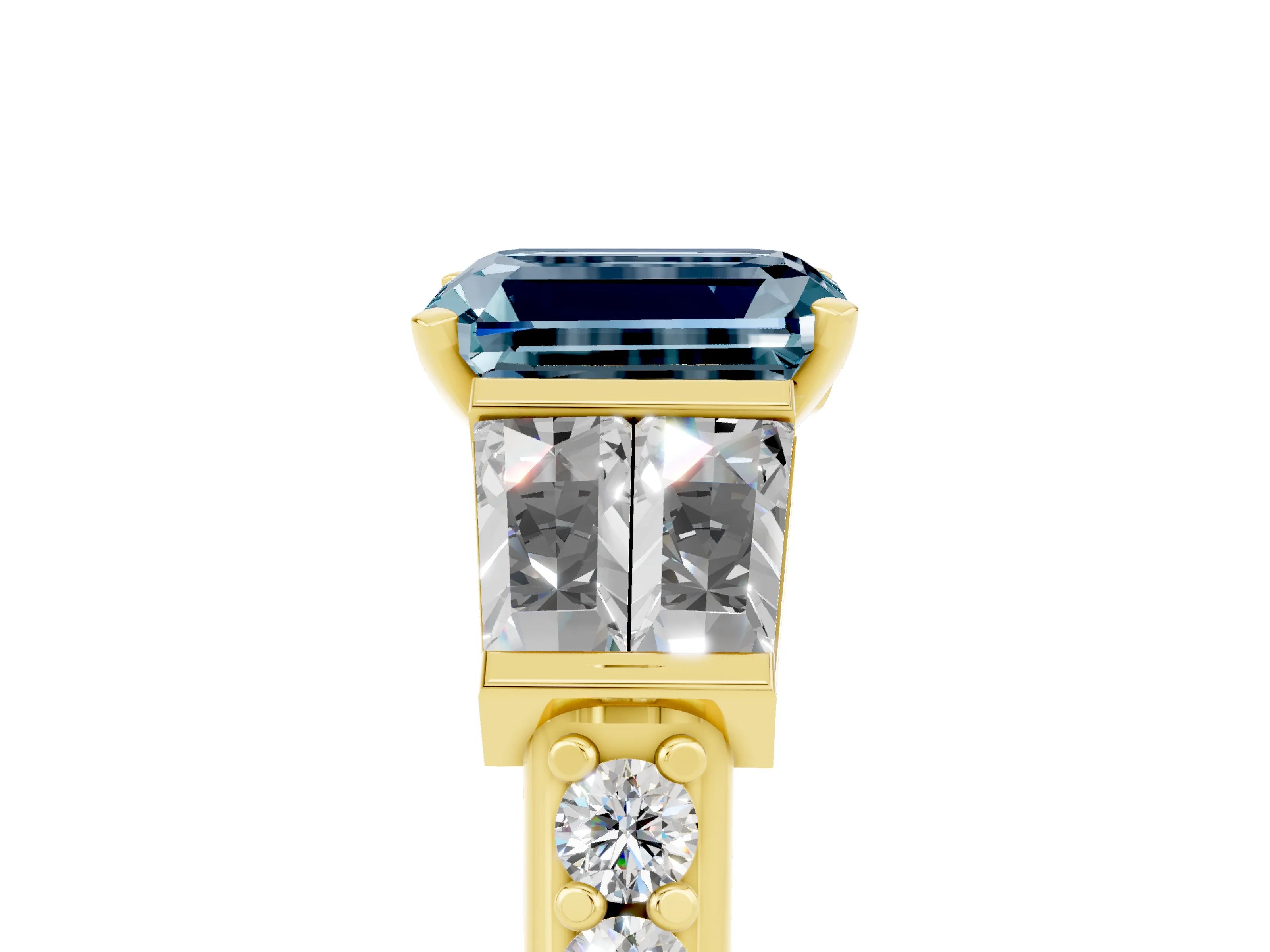 Yellow gold Emerald Cut Aquamarine Engagement Ring with Baguette Side Stones and Channel Set Band_5