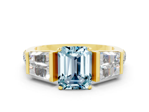 Yellow gold Emerald Cut Aquamarine Engagement Ring with Baguette Side Stones and Channel Set Band