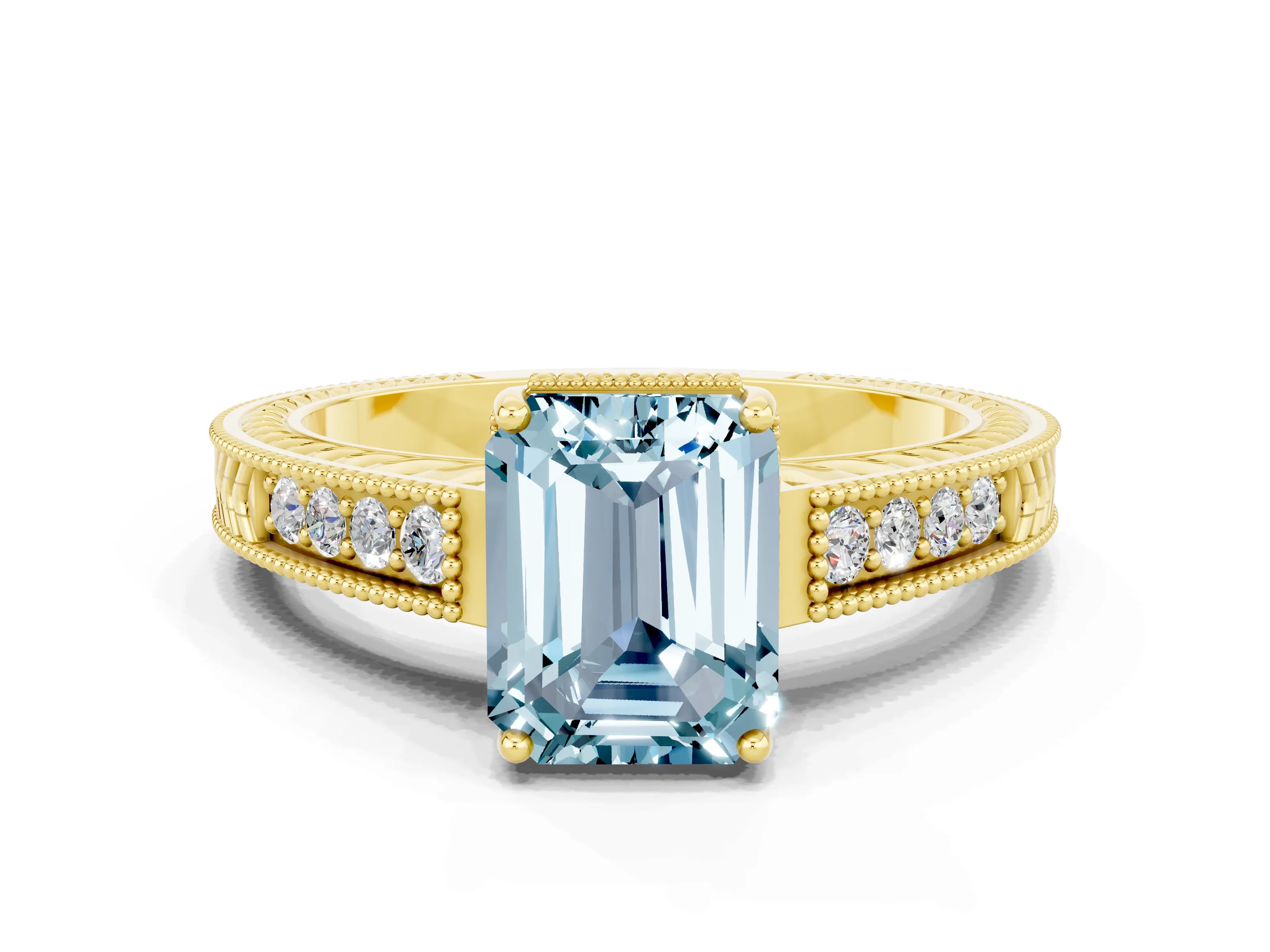 Yellow gold Emerald Cut Aquamarine Engagement Ring with Milgrain Channel Set Band and Prong Setting