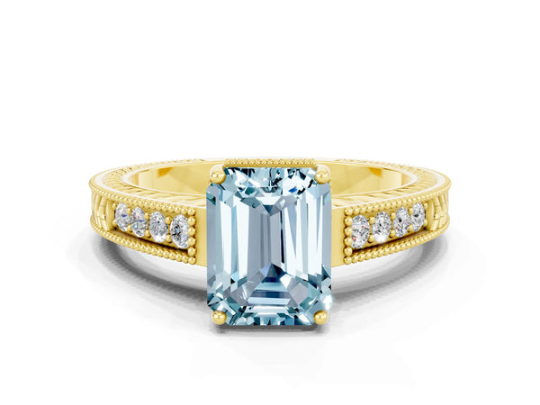 Yellow gold Emerald Cut Aquamarine Engagement Ring with Milgrain Channel Set Band and Prong Setting