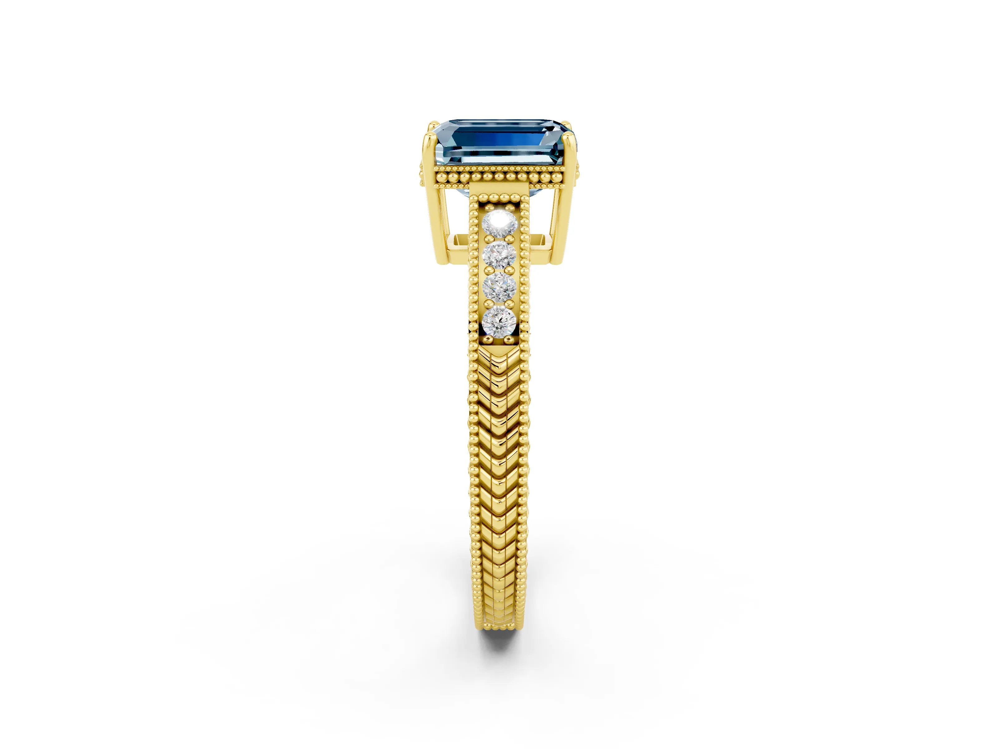 Yellow gold Emerald Cut Aquamarine Engagement Ring with Milgrain Channel Set Band and Prong Setting_2