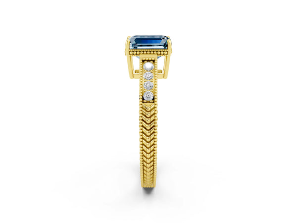 Yellow gold Emerald Cut Aquamarine Engagement Ring with Milgrain Channel Set Band and Prong Setting