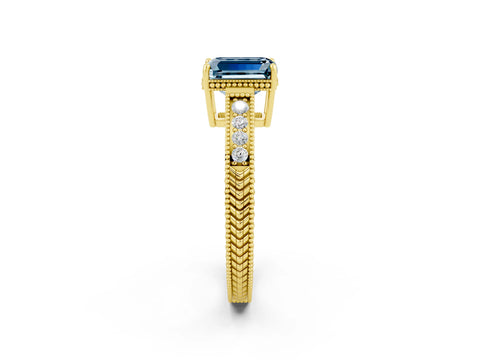 Yellow gold Emerald Cut Aquamarine Engagement Ring with Milgrain Channel Set Band and Prong Setting_2
