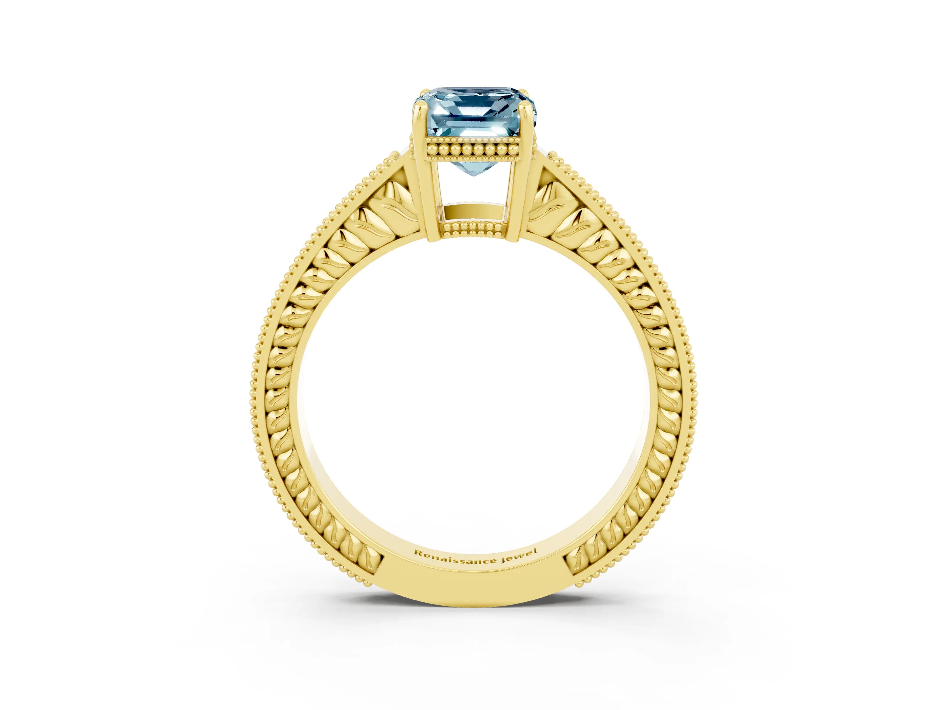 Yellow gold Emerald Cut Aquamarine Engagement Ring with Milgrain Channel Set Band and Prong Setting_3