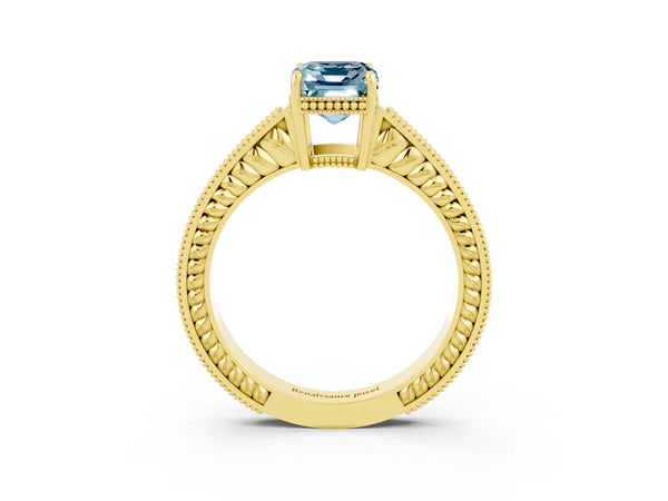 Yellow gold Emerald Cut Aquamarine Engagement Ring with Milgrain Channel Set Band and Prong Setting