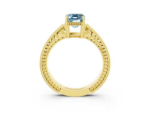 Yellow gold Emerald Cut Aquamarine Engagement Ring with Milgrain Channel Set Band and Prong Setting_3