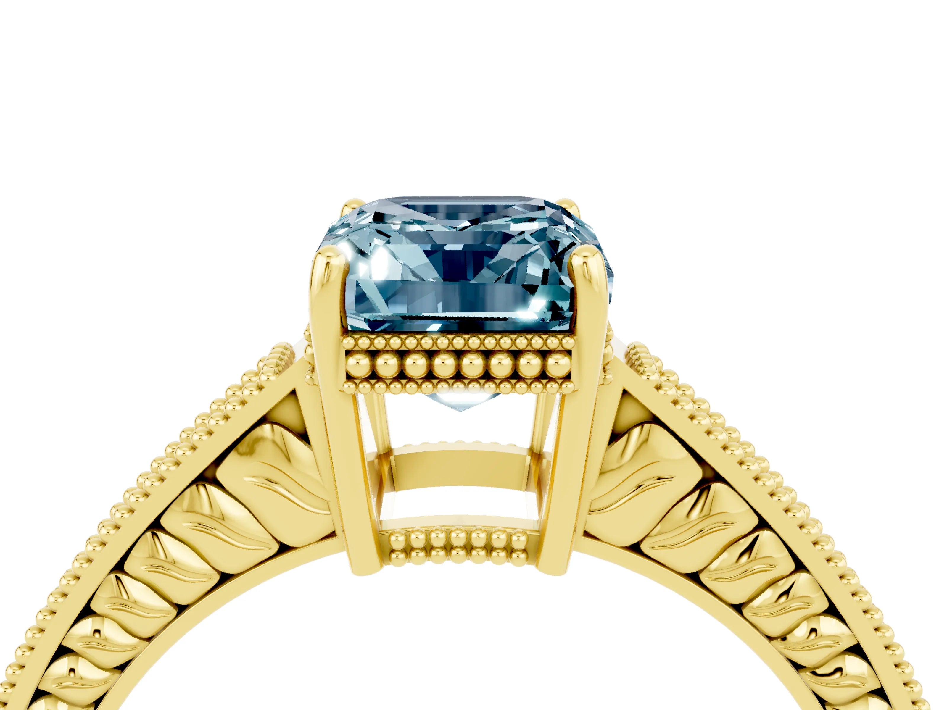 Yellow gold Emerald Cut Aquamarine Engagement Ring with Milgrain Channel Set Band and Prong Setting_4