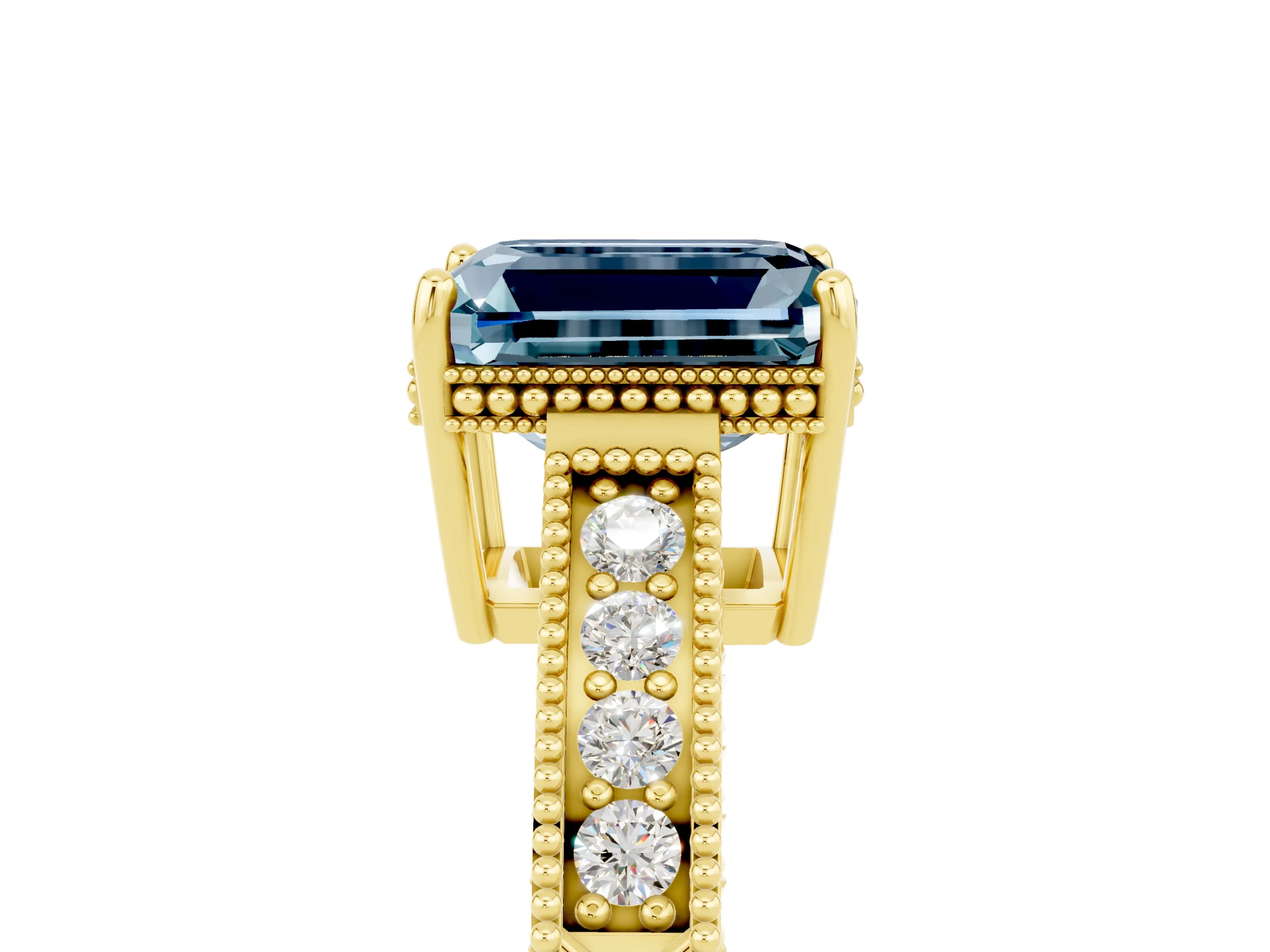 Yellow gold Emerald Cut Aquamarine Engagement Ring with Milgrain Channel Set Band and Prong Setting_5