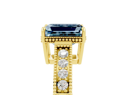 Yellow gold Emerald Cut Aquamarine Engagement Ring with Milgrain Channel Set Band and Prong Setting_5