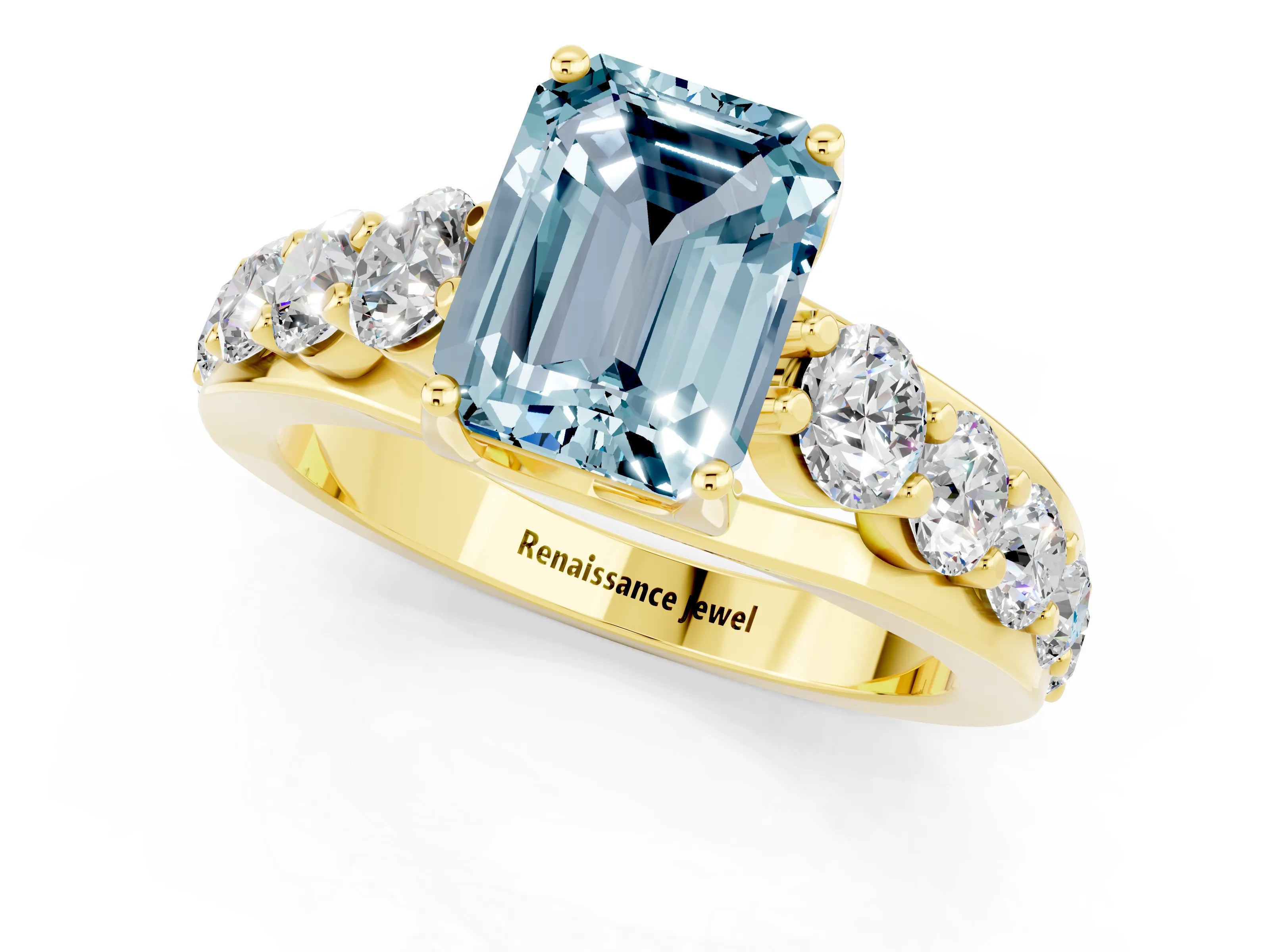 Yellow gold Emerald Cut Aquamarine Engagement Ring with Pavé Band and Four-Prong Setting_1