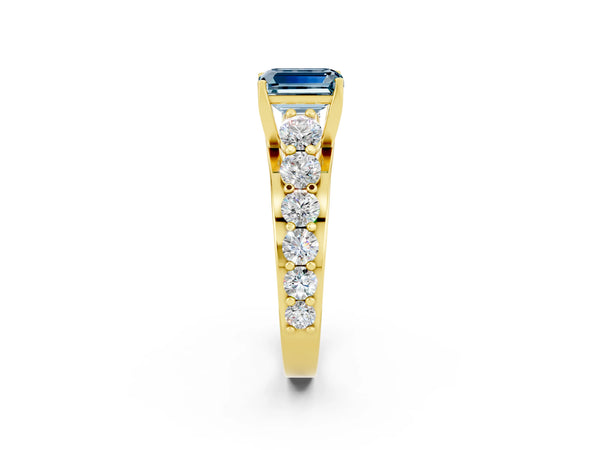 Yellow gold Emerald Cut Aquamarine Engagement Ring with Pavé Band and Four-Prong Setting