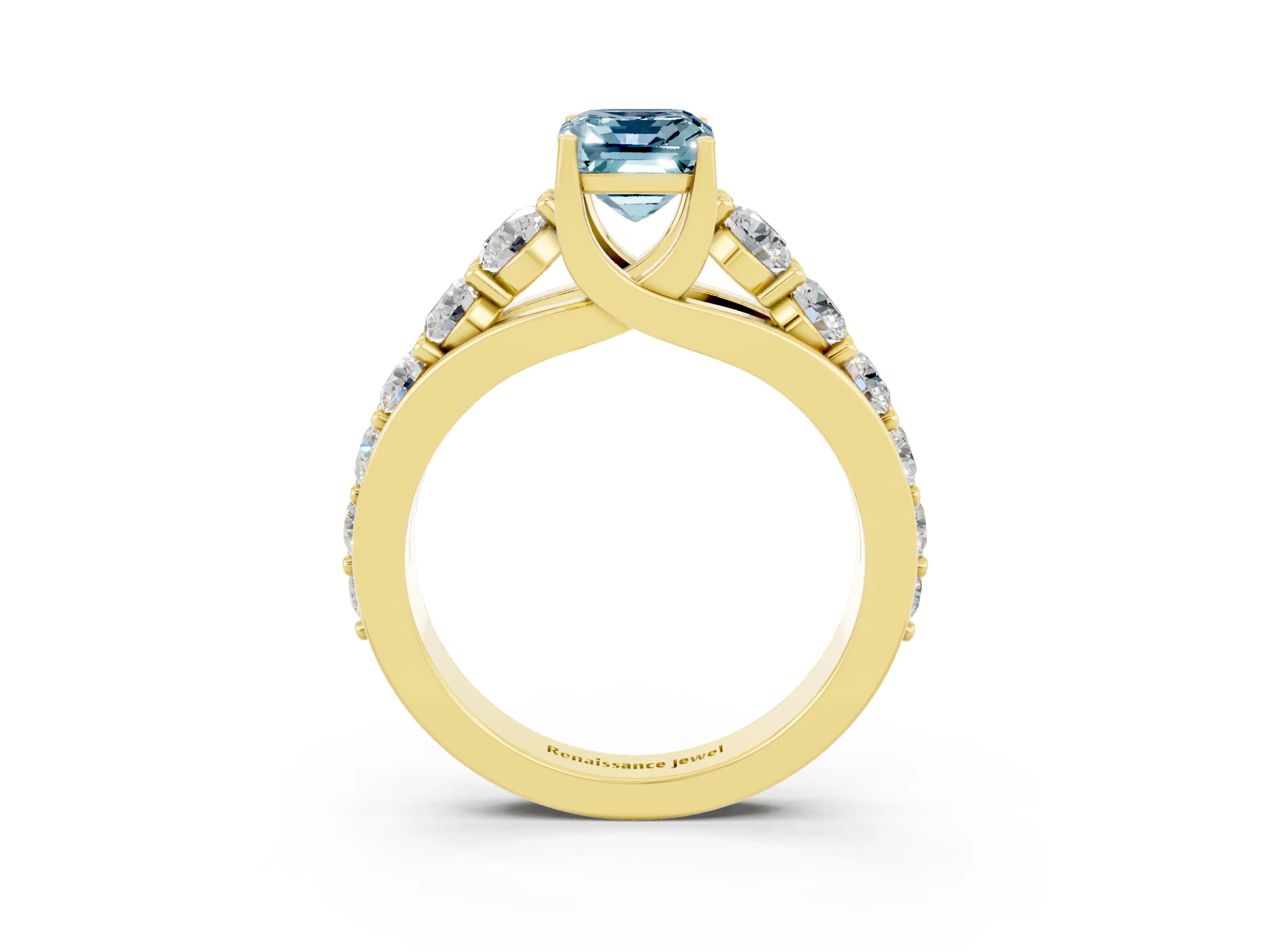 Yellow gold Emerald Cut Aquamarine Engagement Ring with Pavé Band and Four-Prong Setting_3