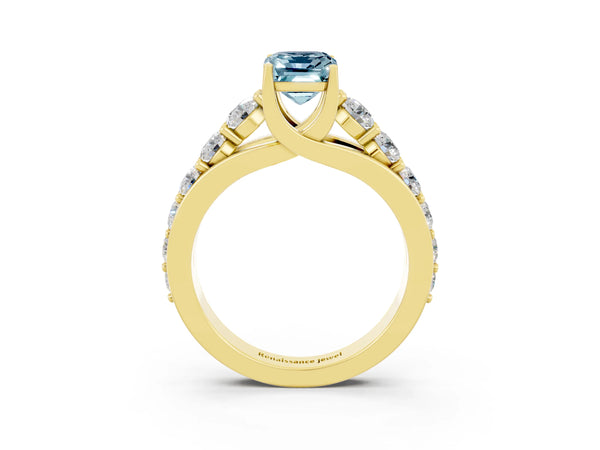 Yellow gold Emerald Cut Aquamarine Engagement Ring with Pavé Band and Four-Prong Setting