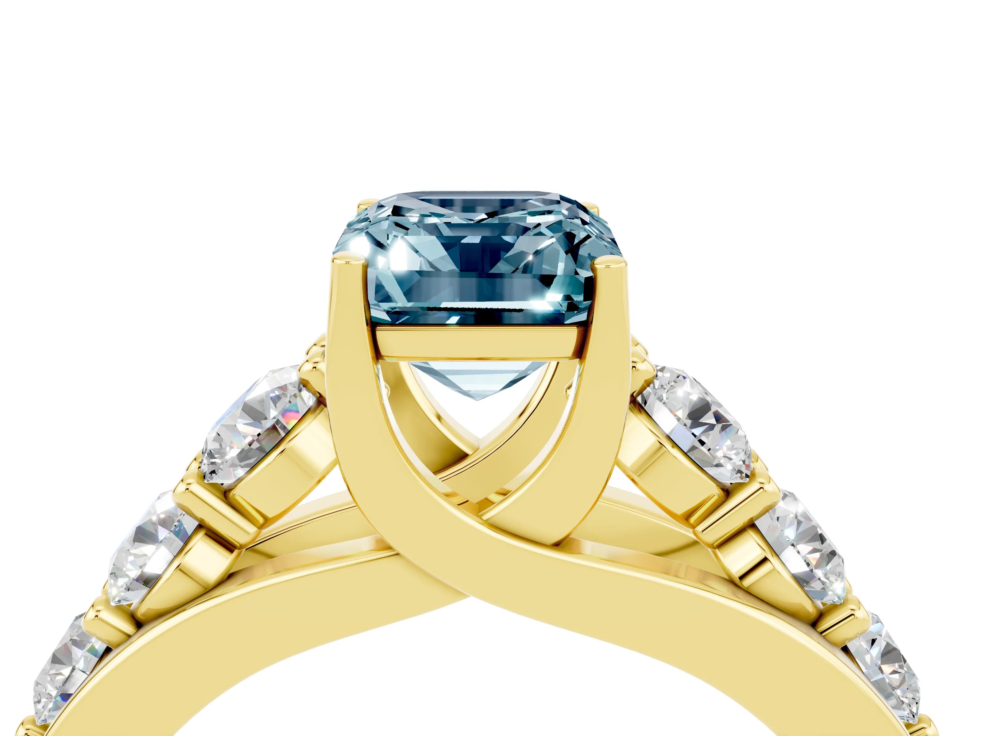 Yellow gold Emerald Cut Aquamarine Engagement Ring with Pavé Band and Four-Prong Setting_4