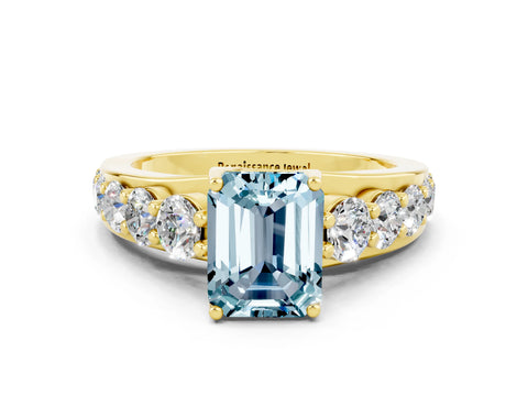 Yellow gold Emerald Cut Aquamarine Engagement Ring with Pavé Band and Four-Prong Setting