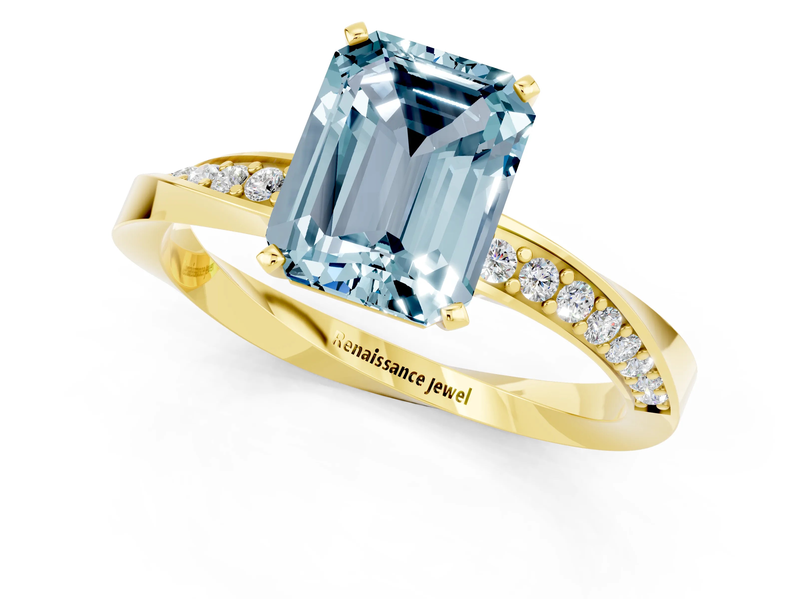 Yellow gold Emerald Cut Aquamarine Engagement Ring with Side Stone Accents and Four-Prong Setting_28