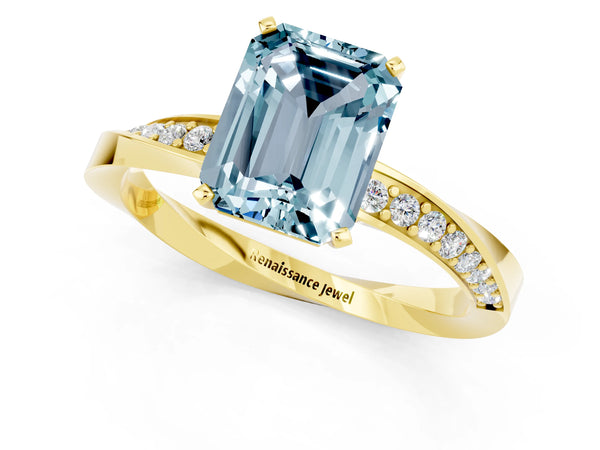 Yellow gold Emerald Cut Aquamarine Engagement Ring with Side Stone Accents and Four-Prong Setting