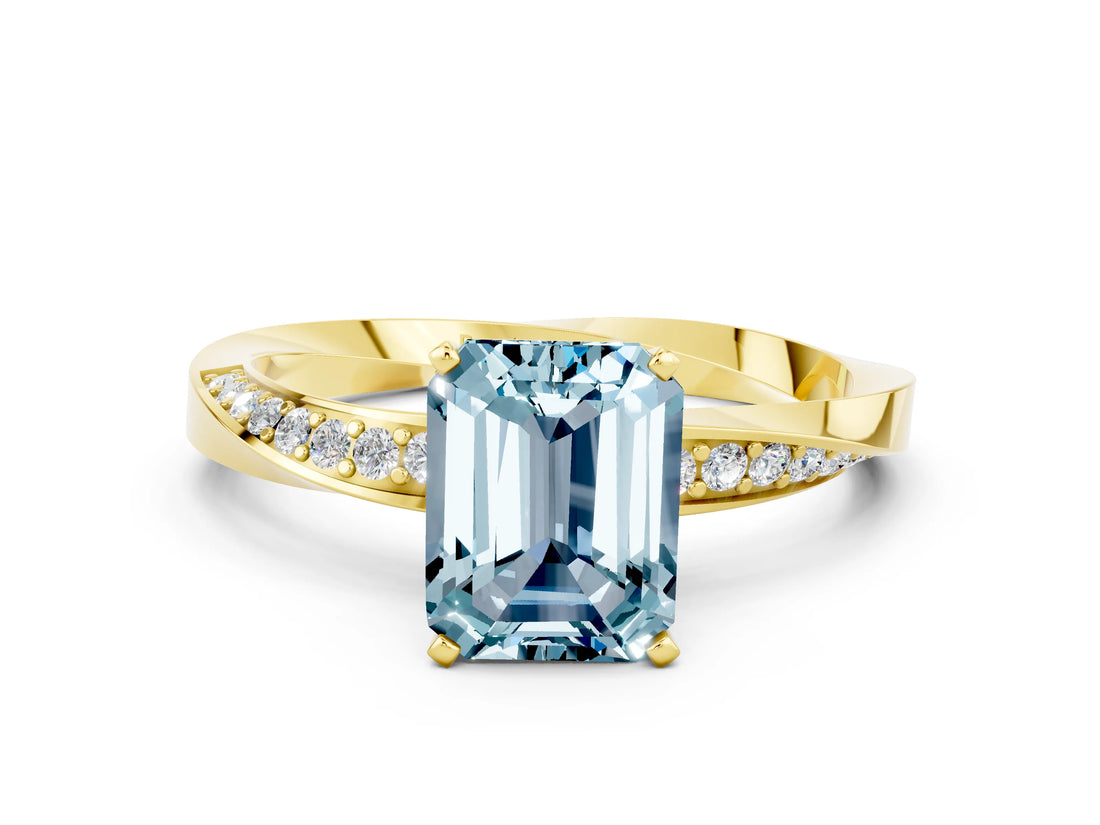 Yellow gold Emerald Cut Aquamarine Engagement Ring with Side Stone Accents and Four-Prong Setting_60