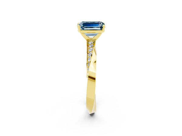 Yellow gold Emerald Cut Aquamarine Engagement Ring with Side Stone Accents and Four-Prong Setting