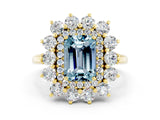 Yellow gold Emerald Cut Aquamarine Floral Double Halo Engagement Ring with Prong Setting_12