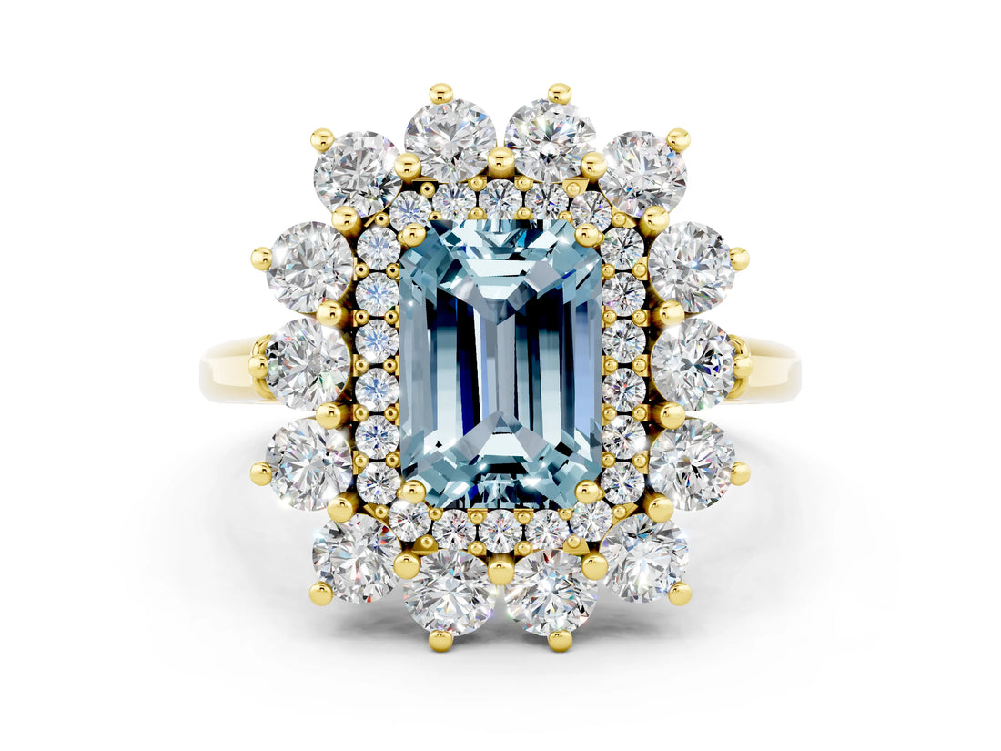 Yellow gold Emerald Cut Aquamarine Floral Double Halo Engagement Ring with Prong Setting_60