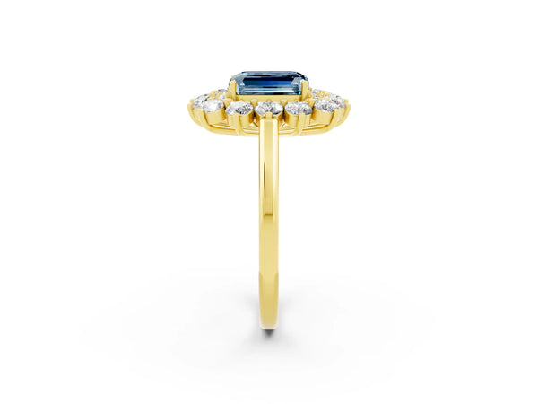 Yellow Gold Emerald Cut Aquamarine Floral Double Halo Engagement Ring with Plain Band