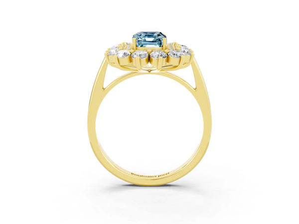 Yellow Gold Emerald Cut Aquamarine Floral Double Halo Engagement Ring with Plain Band