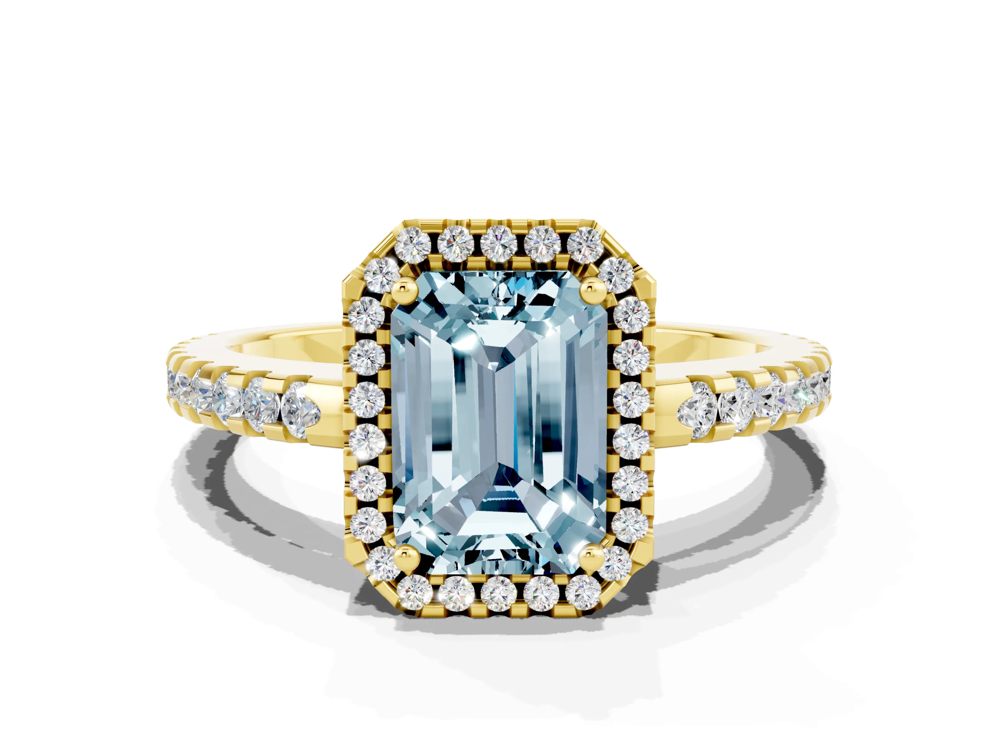 Yellow gold Emerald Cut Aquamarine Halo Engagement Ring with Pavé Band and Prong Setting_12