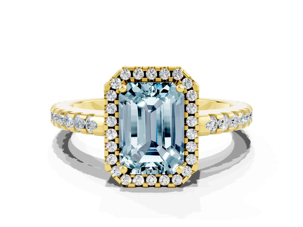 Yellow gold Emerald Cut Aquamarine Halo Engagement Ring with Pavé Band and Prong Setting