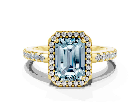Yellow gold Emerald Cut Aquamarine Halo Engagement Ring with Pavé Band and Prong Setting_12