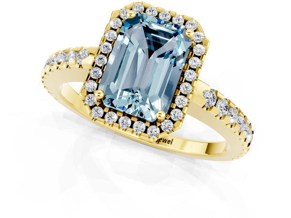 Yellow gold Emerald Cut Aquamarine Halo Engagement Ring with Pavé Band and Prong Setting