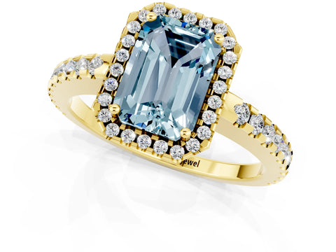 Yellow gold Emerald Cut Aquamarine Halo Engagement Ring with Pavé Band and Prong Setting_13