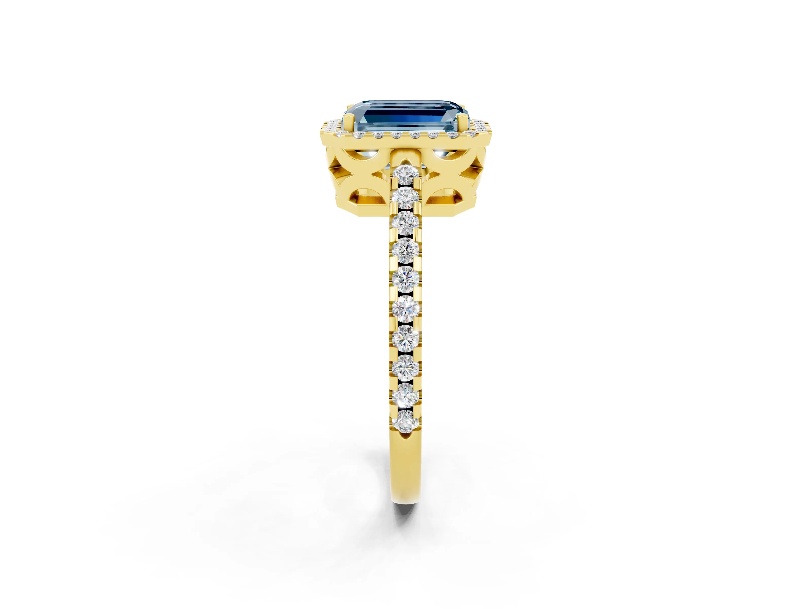 Yellow gold Emerald Cut Aquamarine Halo Engagement Ring with Pavé Band and Prong Setting_14