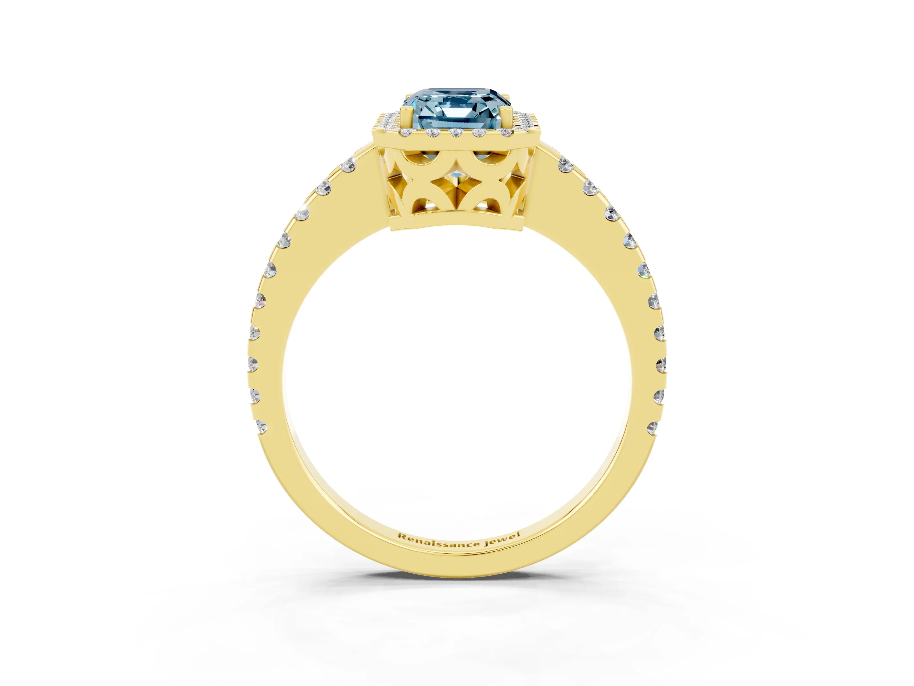 Yellow gold Emerald Cut Aquamarine Halo Engagement Ring with Pavé Band and Prong Setting_15