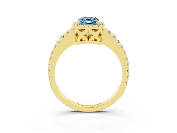 Yellow gold Emerald Cut Aquamarine Halo Engagement Ring with Pavé Band and Prong Setting