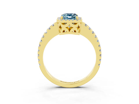 Yellow gold Emerald Cut Aquamarine Halo Engagement Ring with Pavé Band and Prong Setting_15
