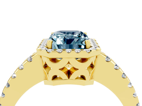 Yellow gold Emerald Cut Aquamarine Halo Engagement Ring with Pavé Band and Prong Setting_16