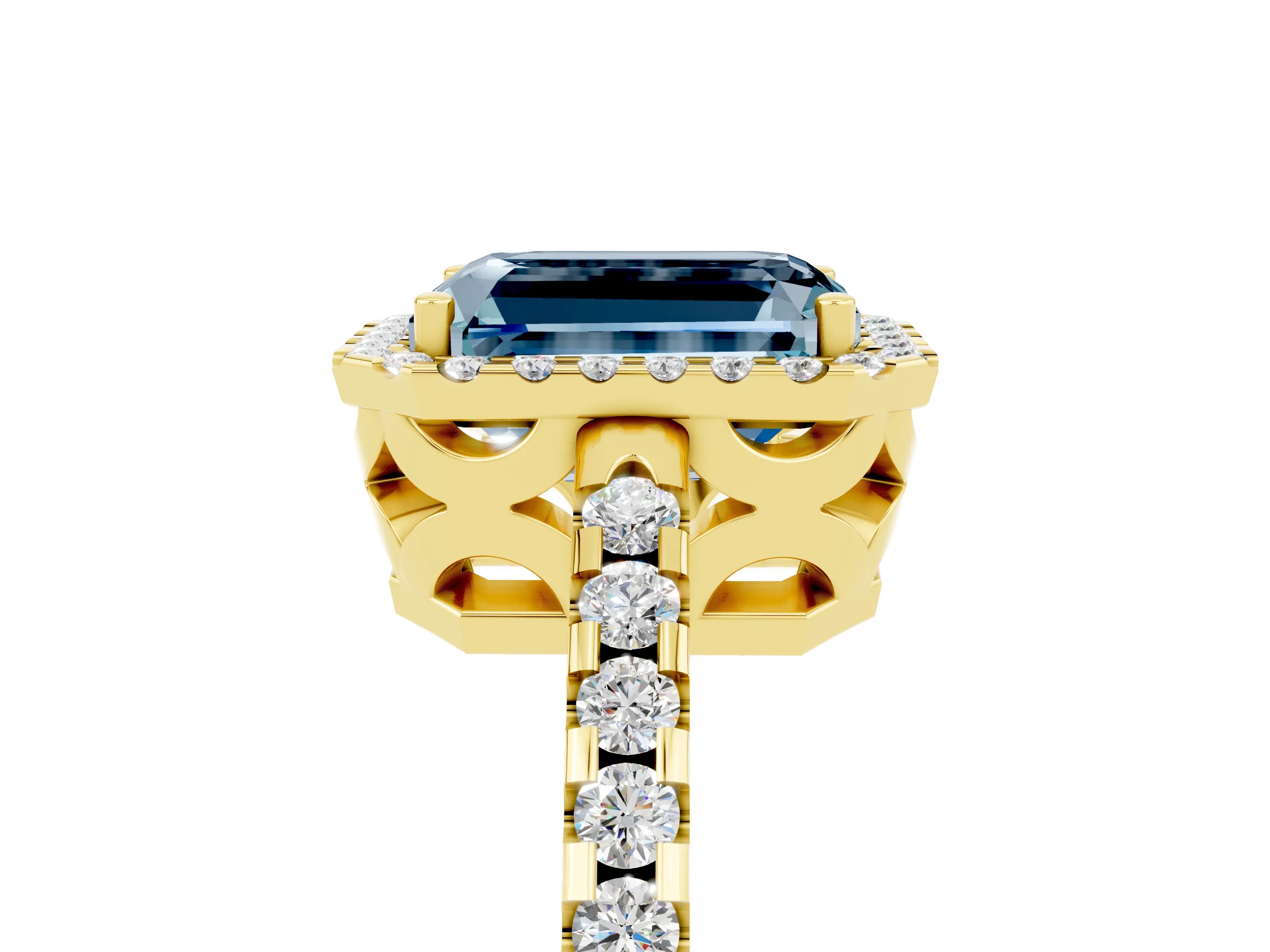 Yellow gold Emerald Cut Aquamarine Halo Engagement Ring with Pavé Band and Prong Setting_17